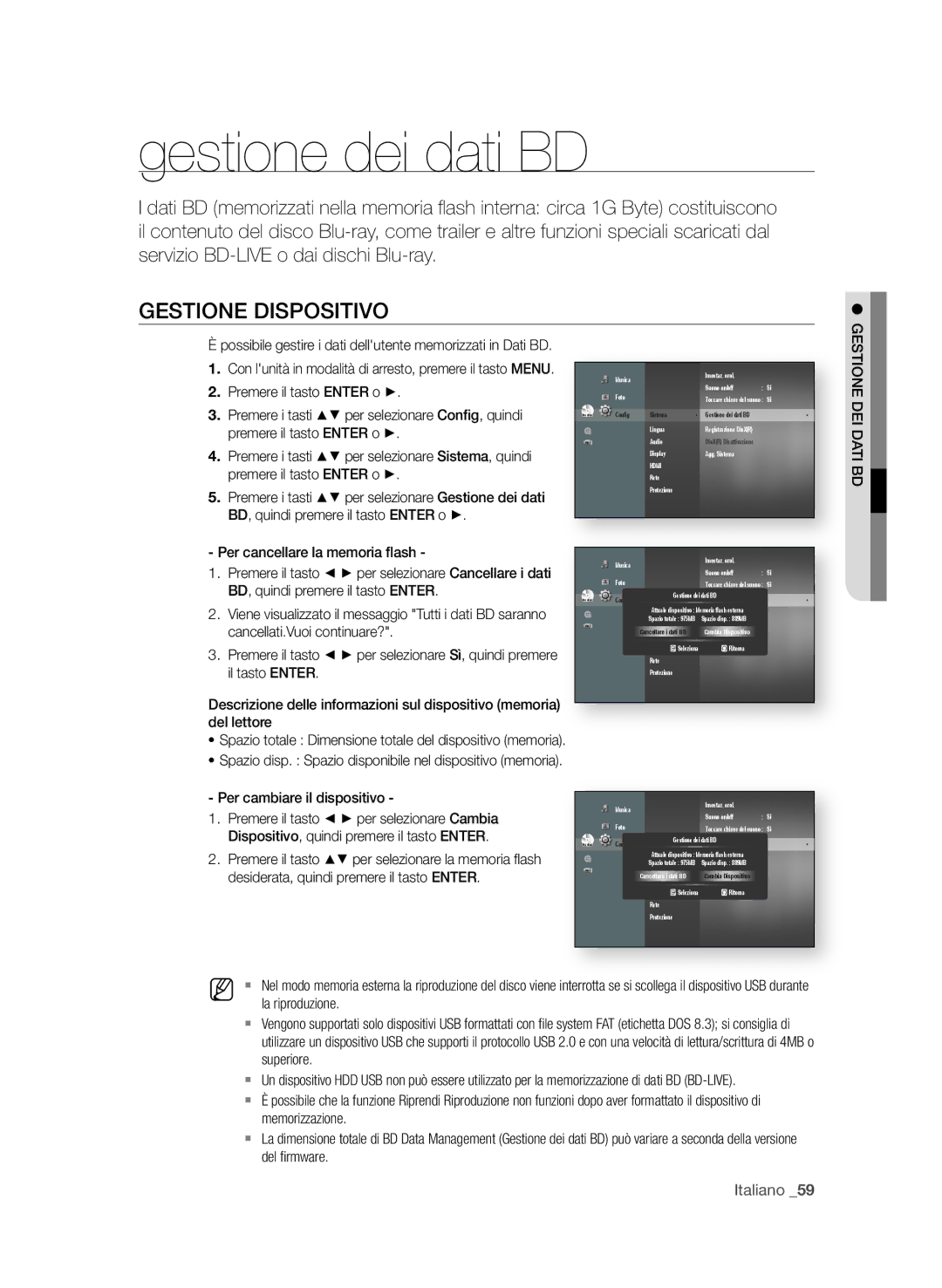 Samsung BD-P4600/XEF manual Gestione dei dati BD, Gestione DisPositiVo 