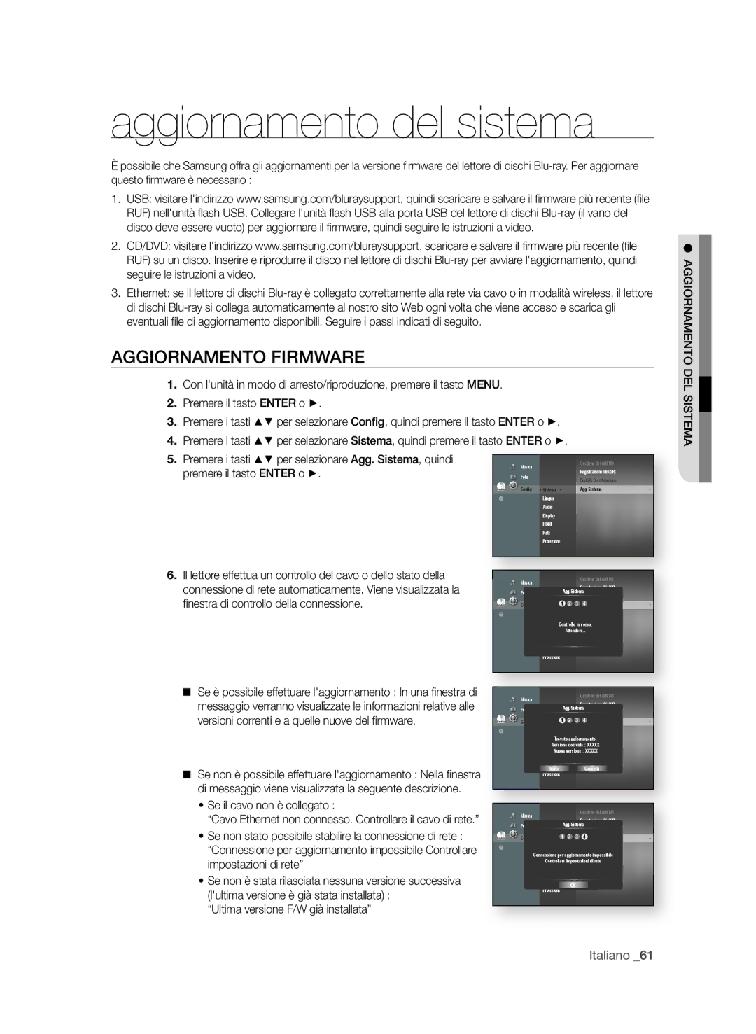 Samsung BD-P4600/XEF manual Aggiornamento del sistema, AggiornAmento firmWAre, Se il cavo non è collegato 