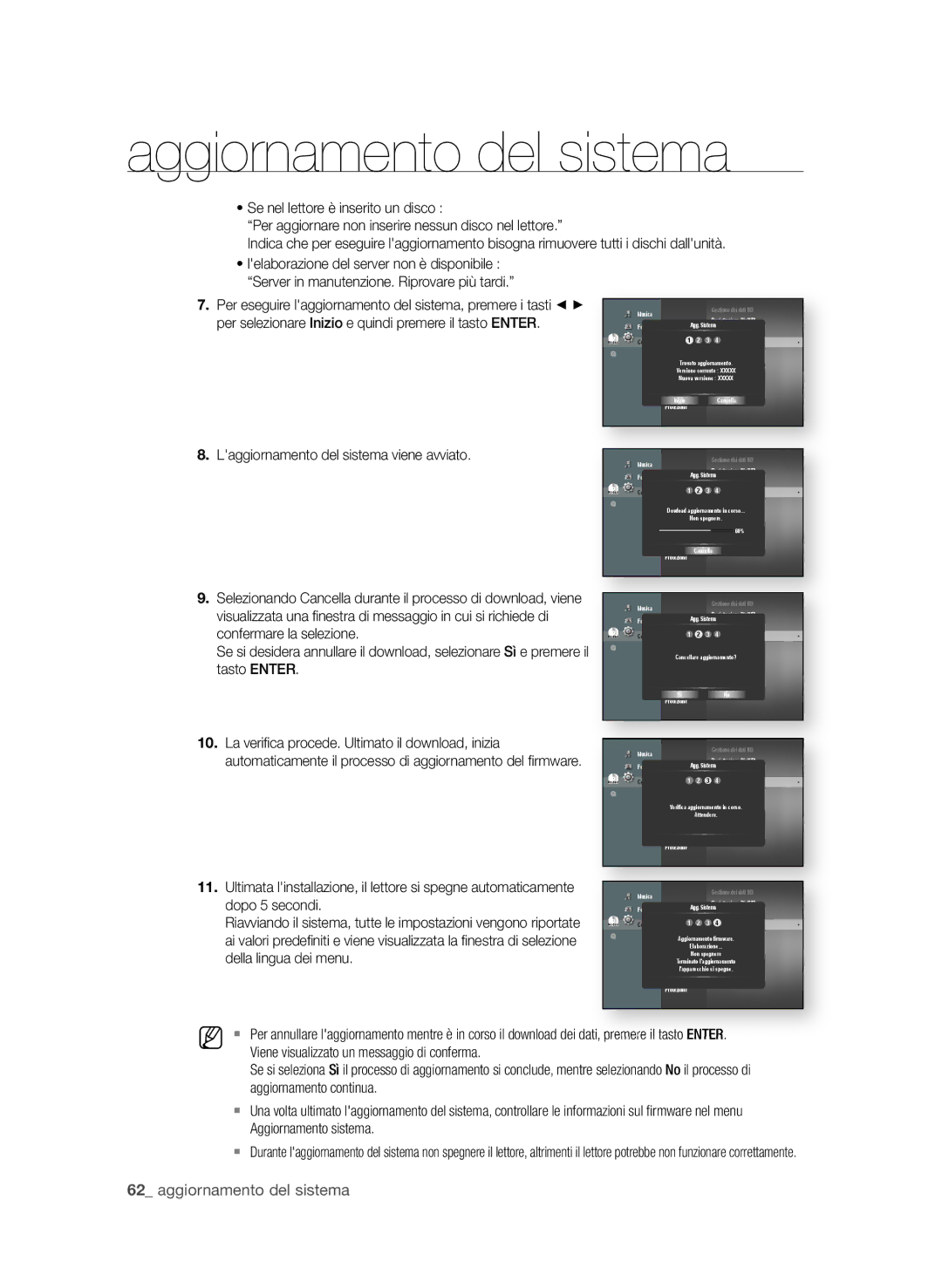 Samsung BD-P4600/XEF manual . Laggiornamento del sistema viene avviato, Dopo 5 secondi, Della lingua dei menu 