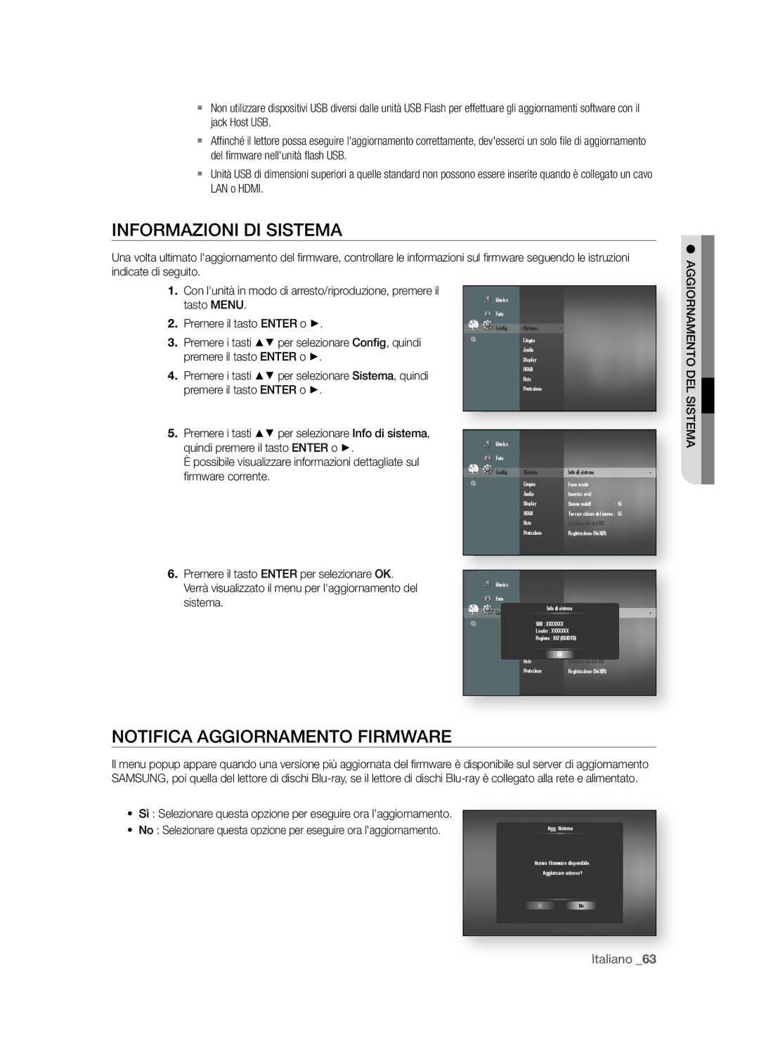 Samsung BD-P4600/XEF manual InformAzioni Di sistemA, NotificA AggiornAmento firmWAre, AggiornAmento Del sistemA 