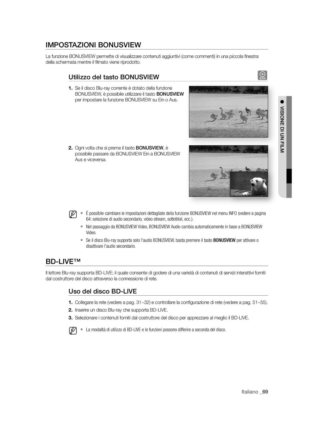 Samsung BD-P4600/XEF manual ImPostAzioni BonusVieW, Utilizzo del tasto BonusVieW, Uso del disco BD-liVe 