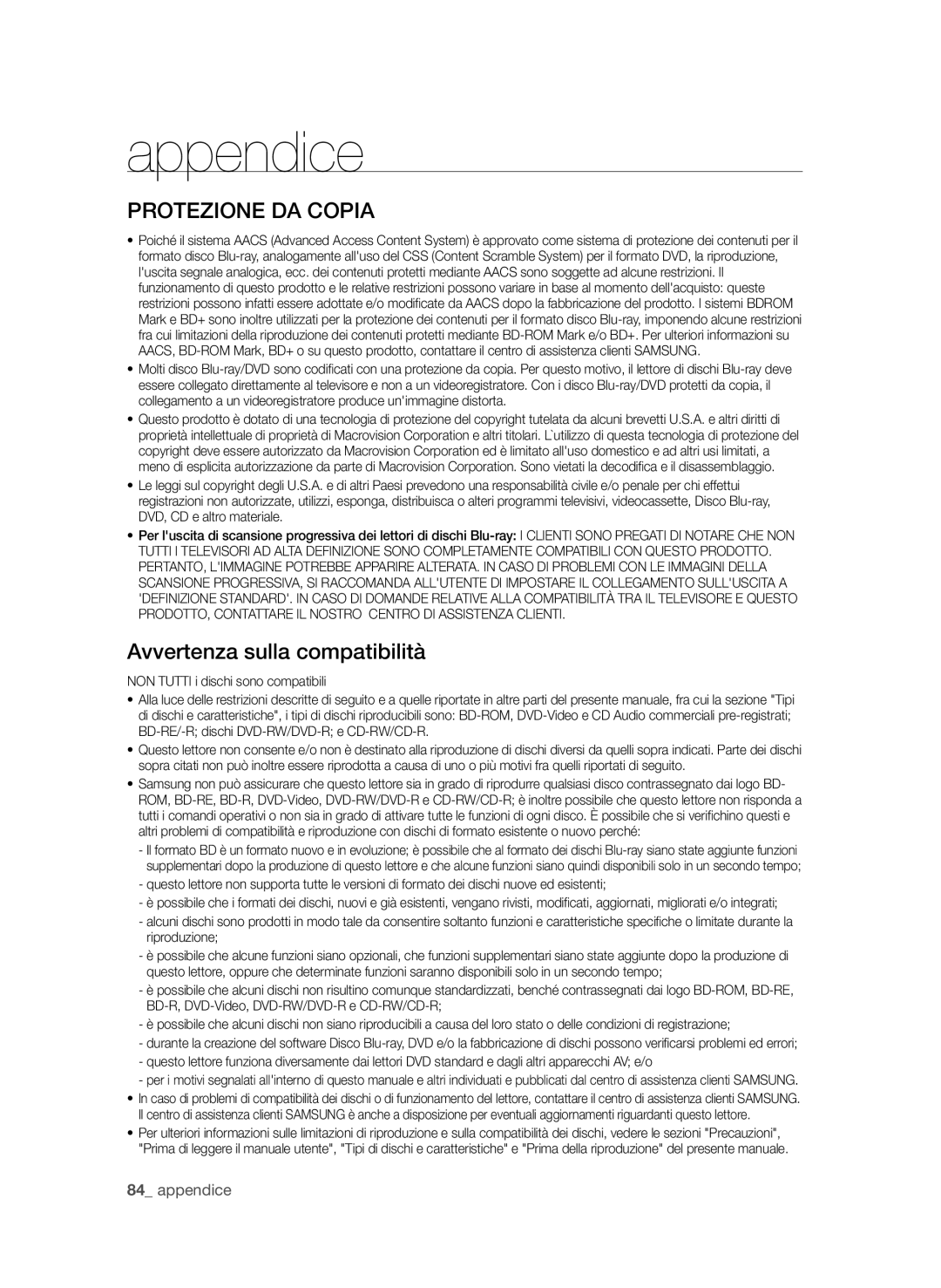 Samsung BD-P4600/XEF manual Protezione DA Copia, Avvertenza sulla compatibilità 