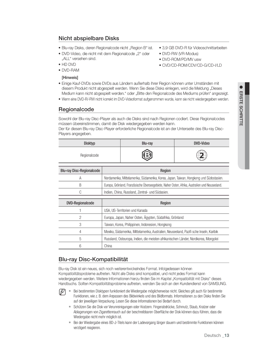 Samsung BD-P4610/XEG manual Nicht abspielbare Disks, Regionalcode, Blu-ray Disc-Kompatibilität, Hd Dvd 