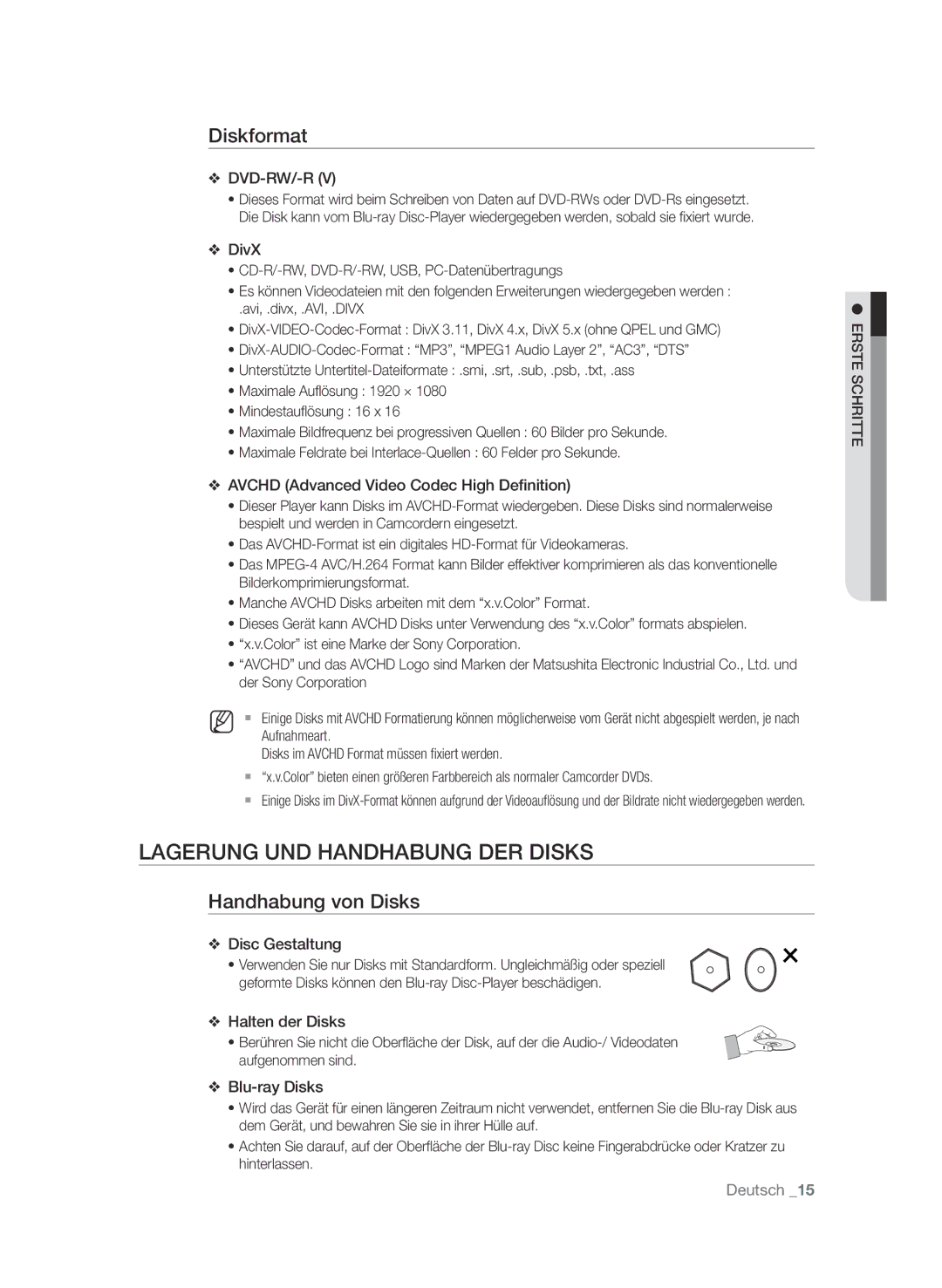 Samsung BD-P4610/XEG manual Lagerung und Handhabung der Disks, Diskformat, Handhabung von Disks, Aufnahmeart 