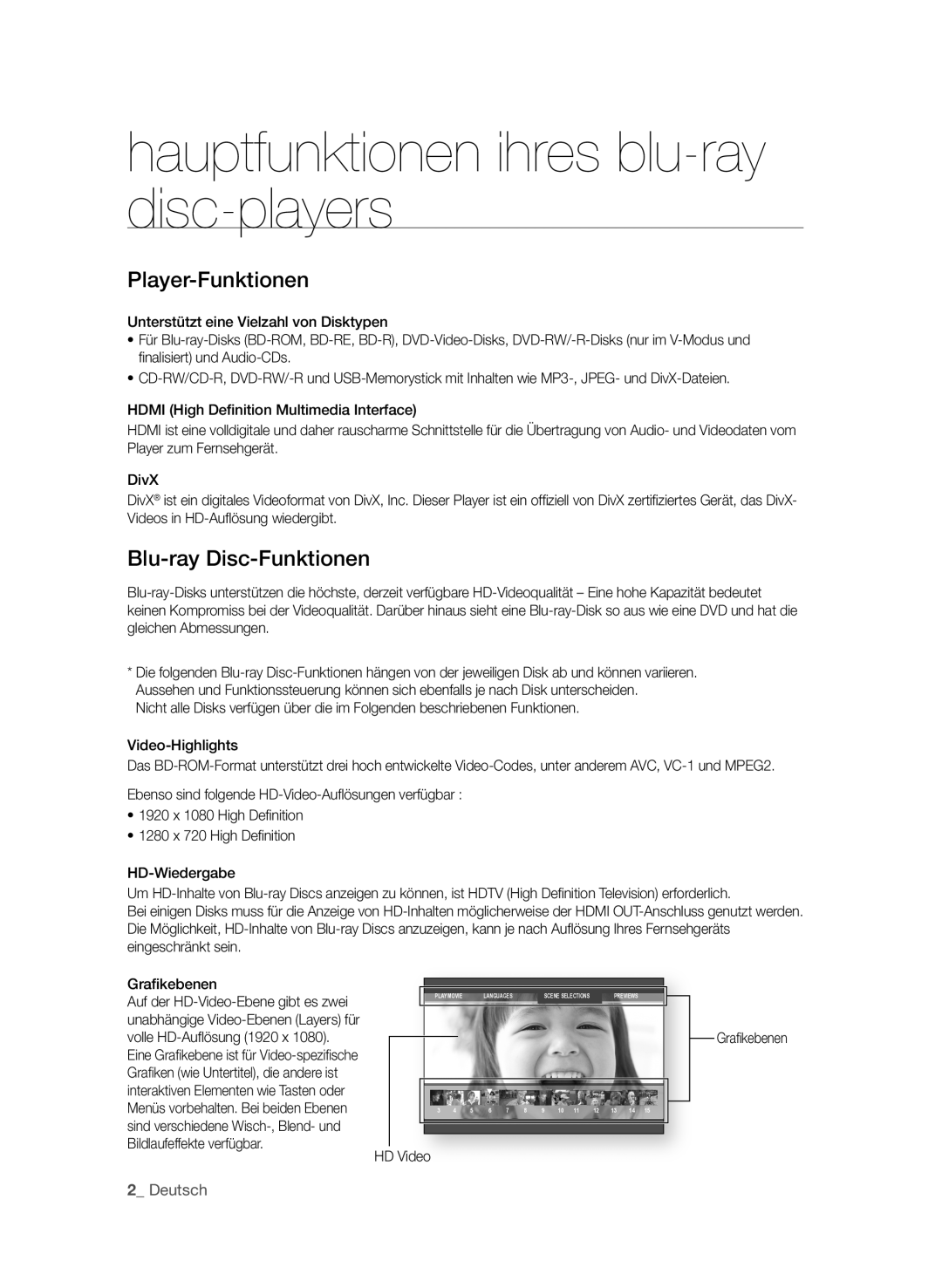 Samsung BD-P4610/XEG manual Hauptfunktionen ihres blu-ray disc-players, Player-funktionen, Blu-ray disc-funktionen 