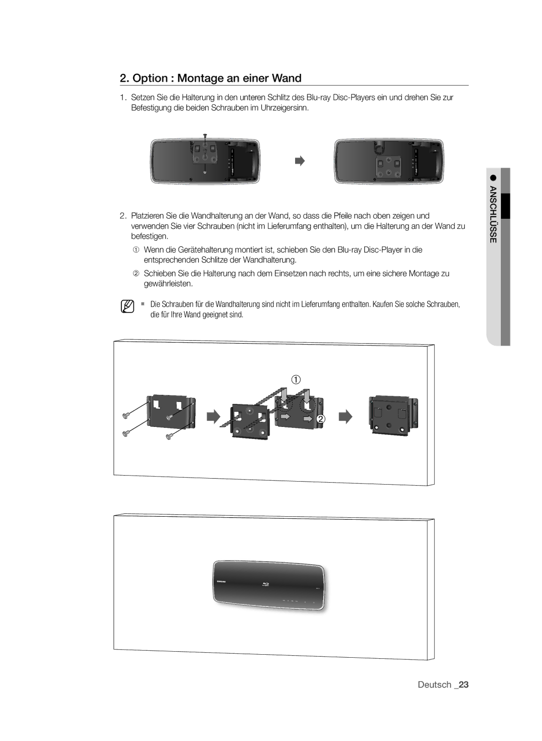 Samsung BD-P4610/XEG manual Option montage an einer Wand, AnSchLüSSe 