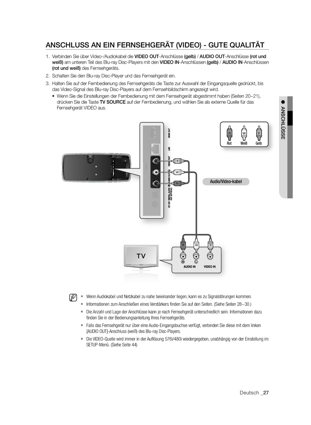 Samsung BD-P4610/XEG manual AnSchLuSS an ein fernSehgerät Video gute QuaLität, Audio/Video-kabel 