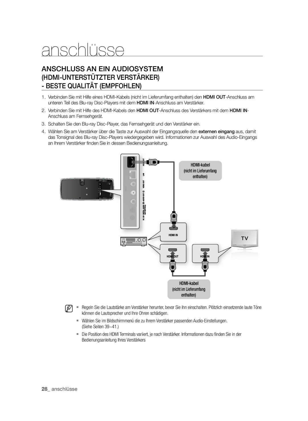 Samsung BD-P4610/XEG manual Anschluss an ein Audiosystem HDMI-unterstützter Verstärker, Siehe Seiten 39~41 