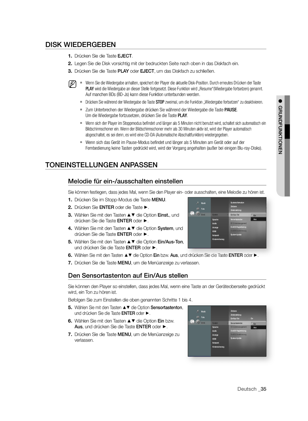 Samsung BD-P4610/XEG manual DiSk WiedergeBen, ToneinSteLLungen anPaSSen, Melodie für ein-/ausschalten einstellen 