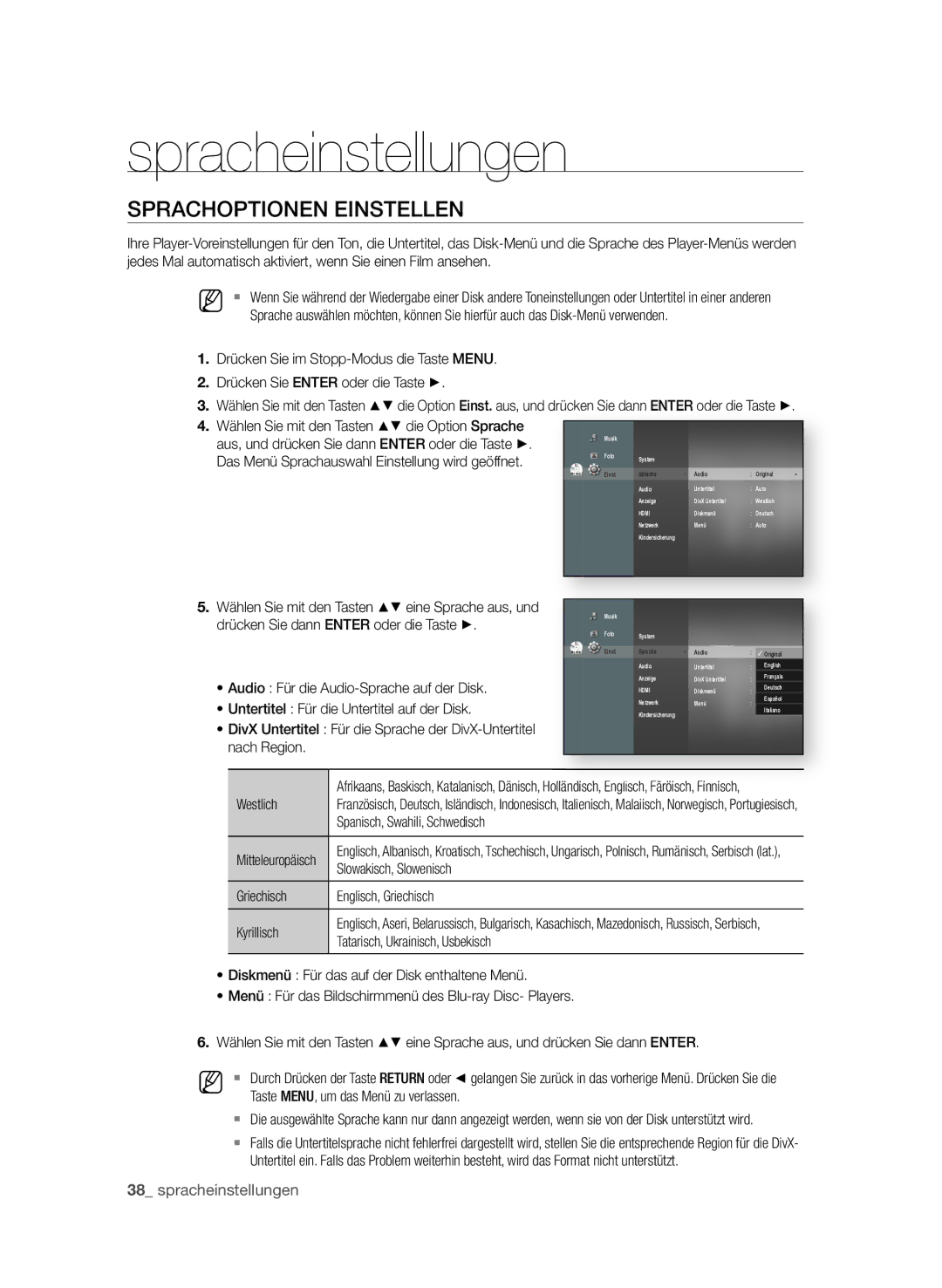 Samsung BD-P4610/XEG manual Spracheinstellungen, SPrachoPtionen einSteLLen 