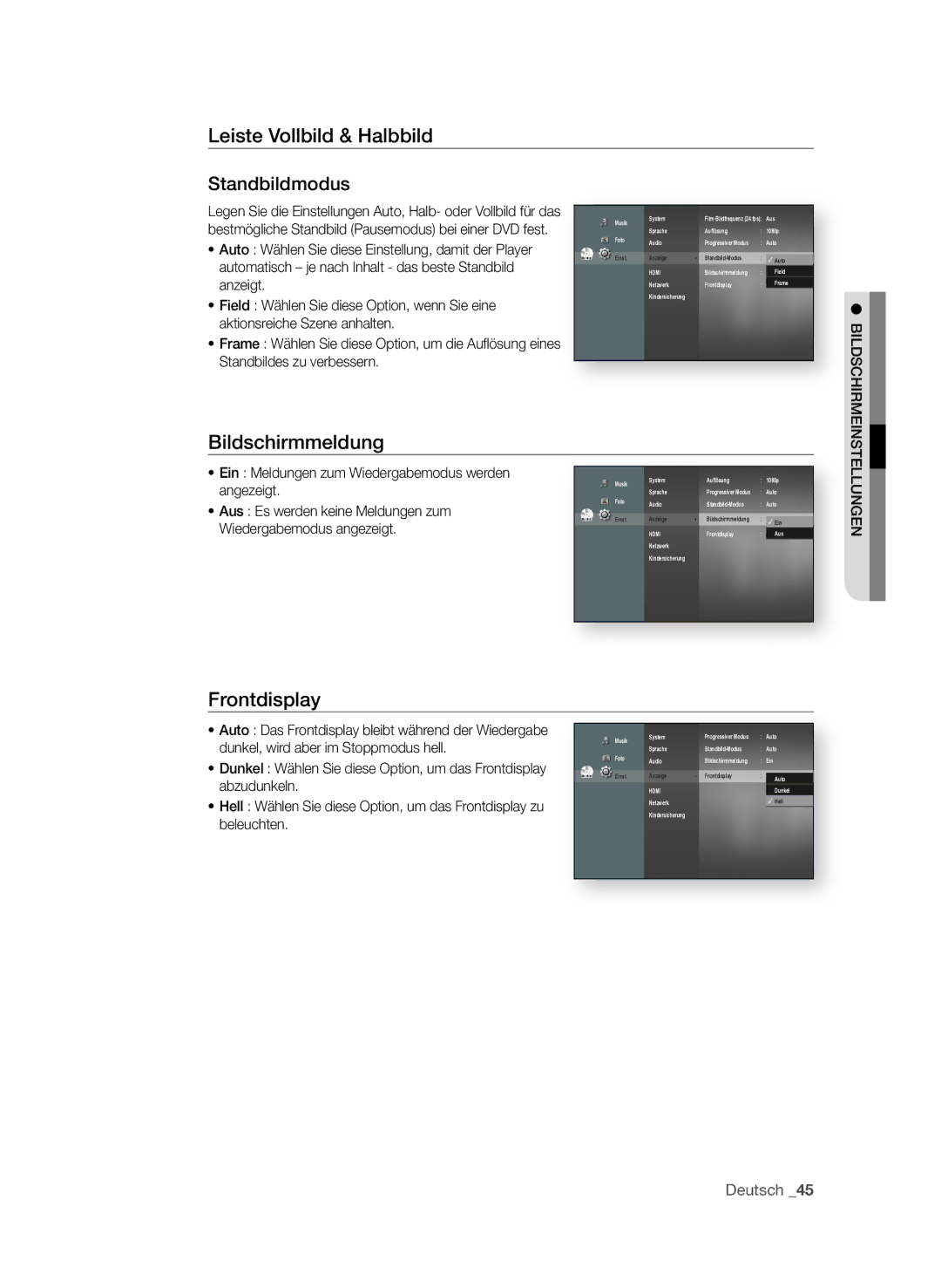 Samsung BD-P4610/XEG manual Leiste Vollbild & halbbild Standbildmodus, Bildschirmmeldung, Frontdisplay 