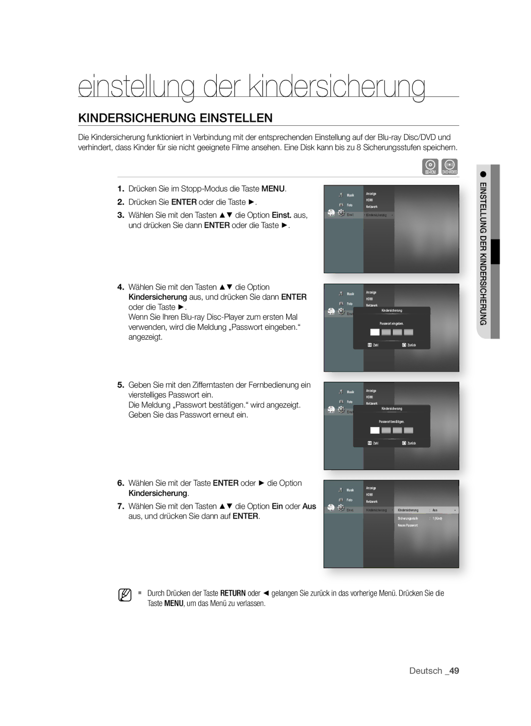 Samsung BD-P4610/XEG manual KinderSicherung einSteLLen, Und drücken Sie dann enter oder die Taste 