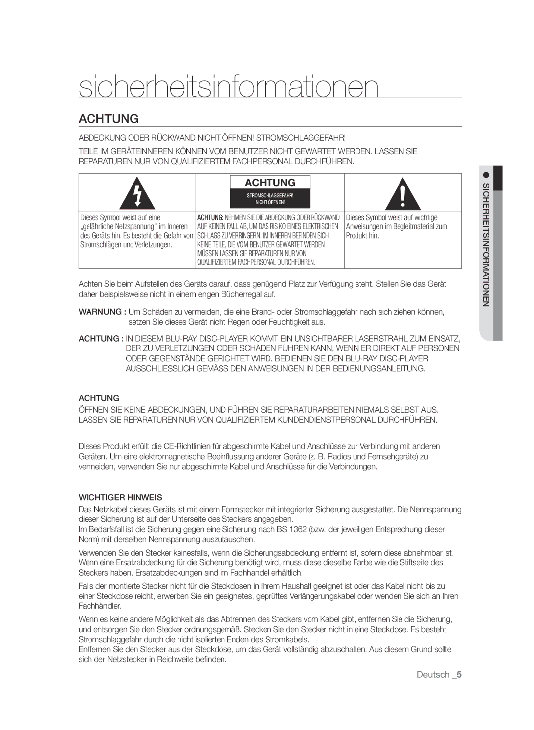 Samsung BD-P4610/XEG manual Sicherheitsinformationen, Achtung, Abdeckung Oder Rückwand Nicht ÖFFNEN! Stromschlaggefahr 