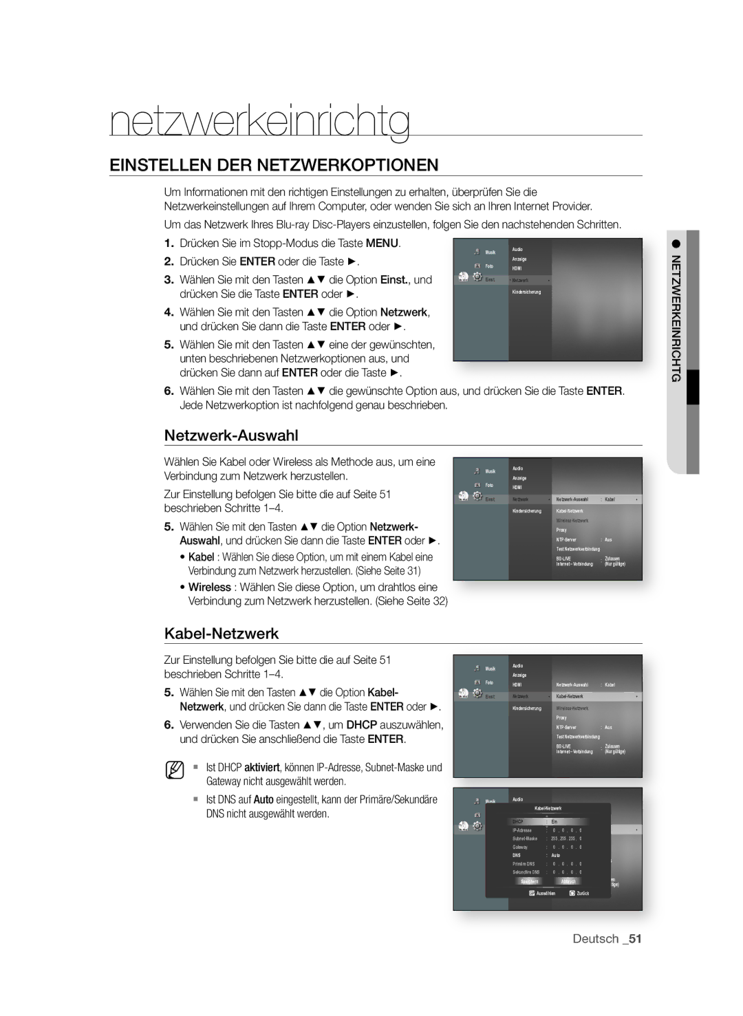 Samsung BD-P4610/XEG manual Netzwerkeinrichtg, EinSteLLen der netzWerkoPtionen, Netzwerk-auswahl 