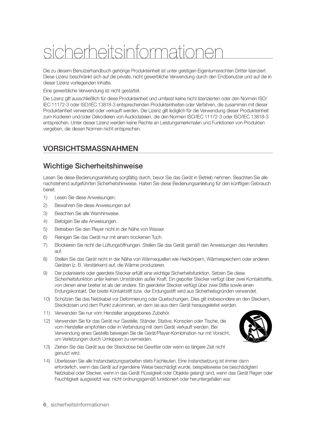 Samsung BD-P4610/XEG manual Vorsichtsmassnahmen Wichtige Sicherheitshinweise 