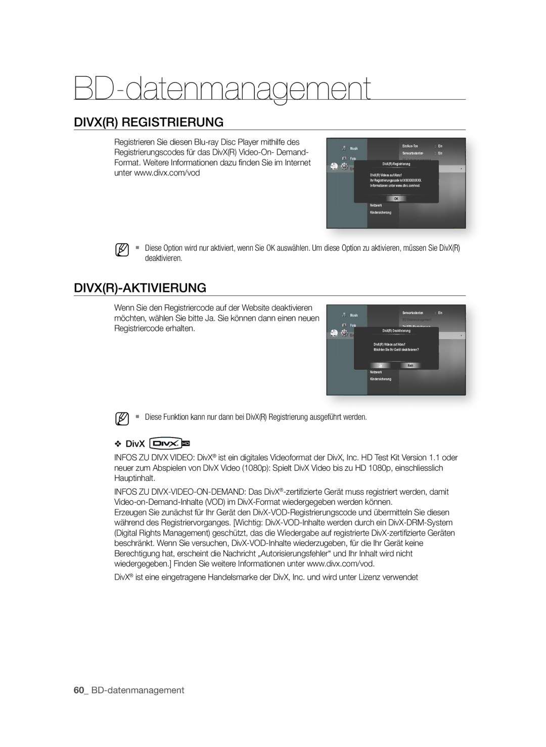 Samsung BD-P4610/XEG manual DiVXr regiStrierung, DiVXr-aktiVierung, Deaktivieren 