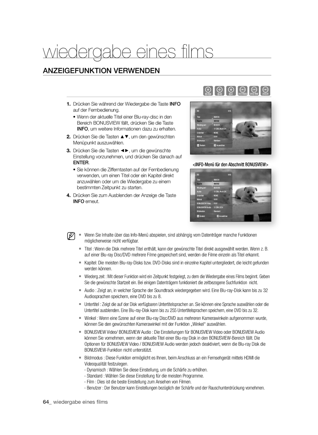 Samsung BD-P4610/XEG manual Wiedergabe eines ﬁ lms, Anzeigefunktion VerWenden 