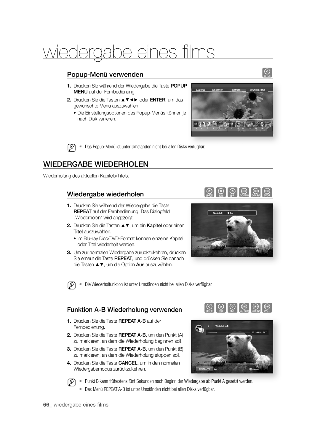 Samsung BD-P4610/XEG manual WiedergaBe WiederhoLen, Popup-menü verwenden, Wiedergabe wiederholen 