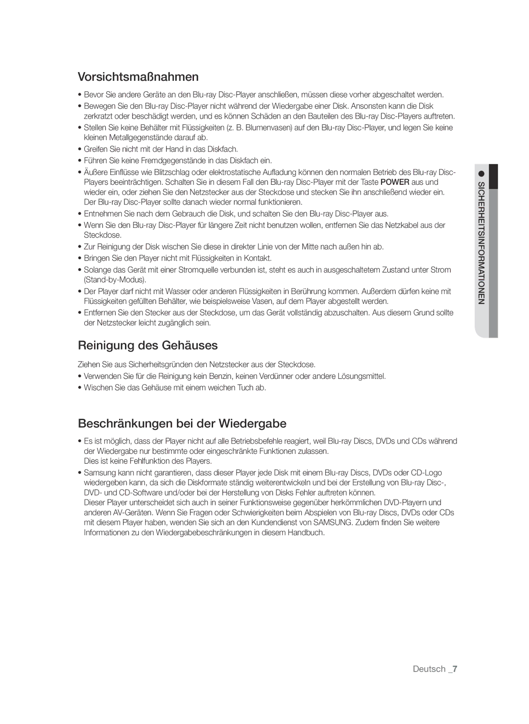 Samsung BD-P4610/XEG manual Vorsichtsmaßnahmen, Reinigung des Gehäuses, Beschränkungen bei der Wiedergabe 