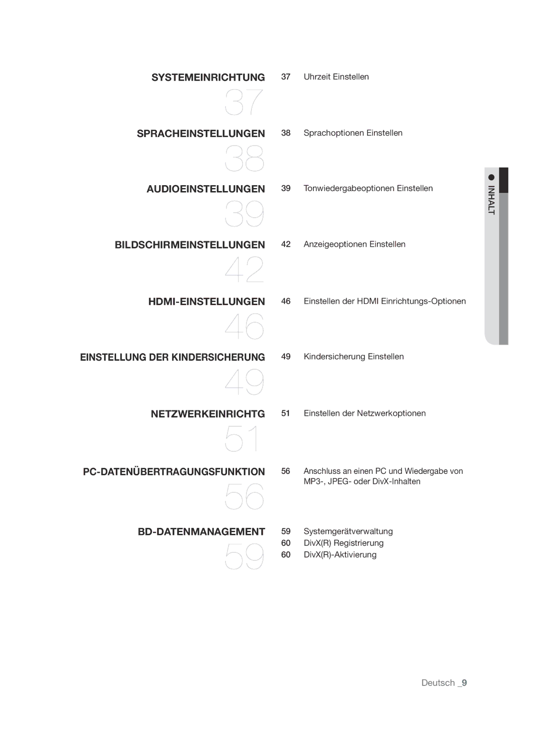 Samsung BD-P4610/XEG manual Uhrzeit Einstellen, Sprachoptionen Einstellen, Inha t 