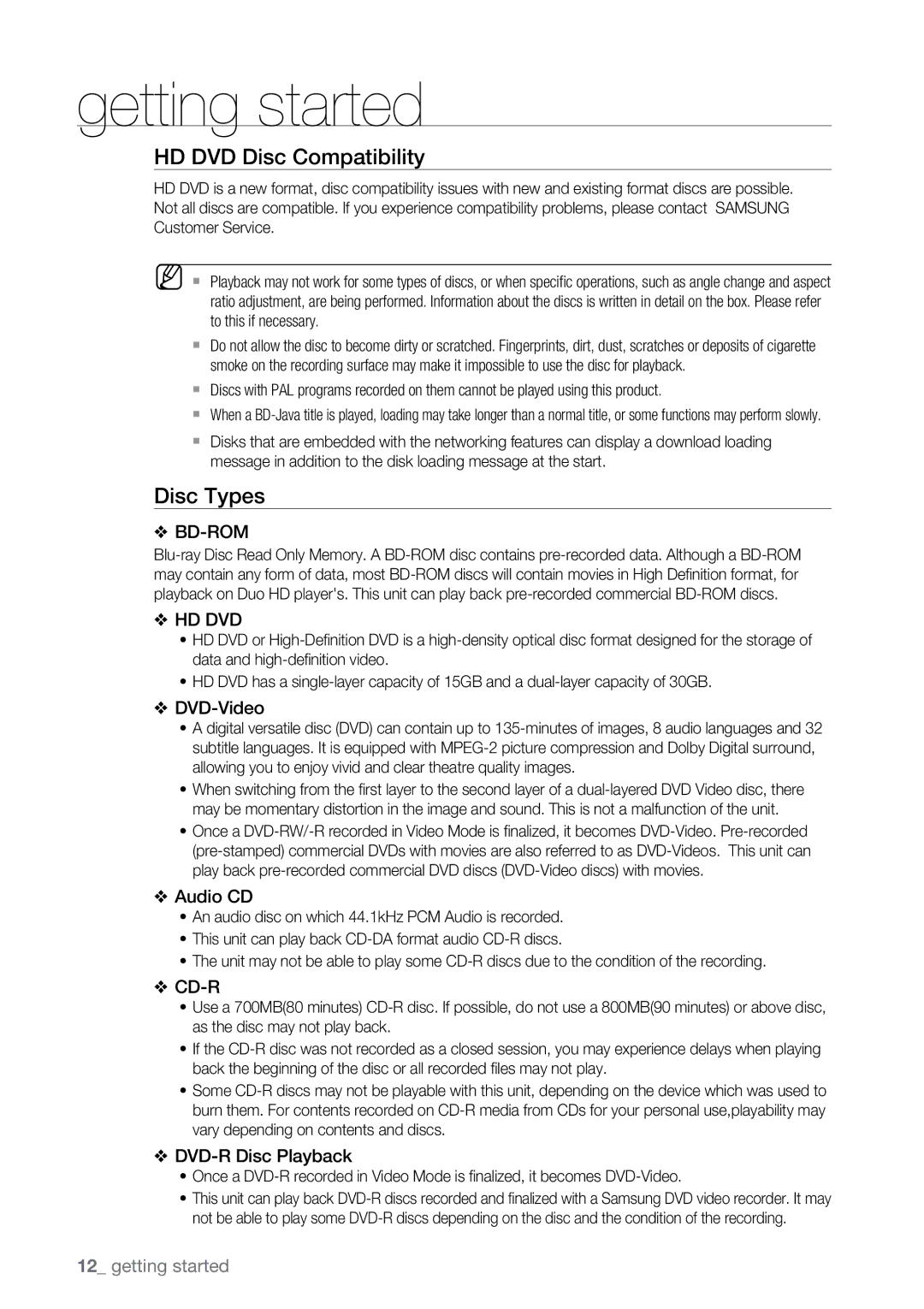 Samsung BD-UP5000 user manual HD DVD Disc Compatibility, Disc Types 