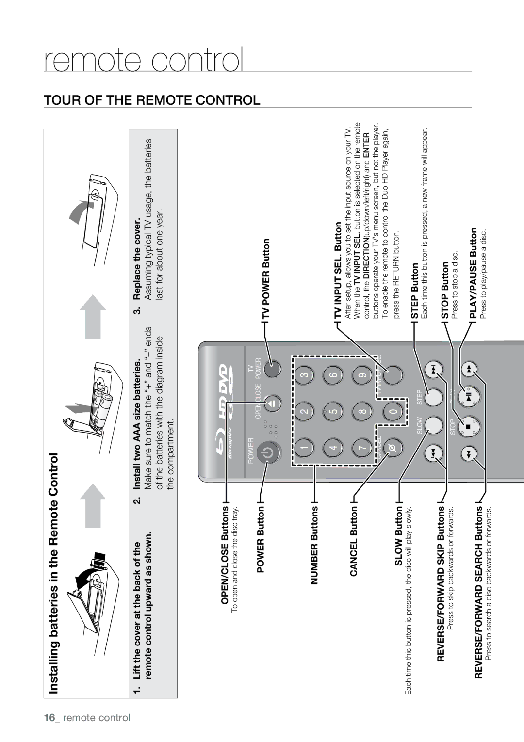 Samsung BD-UP5000 user manual Tour of the Remote Control, Make sure to match the + and ends 