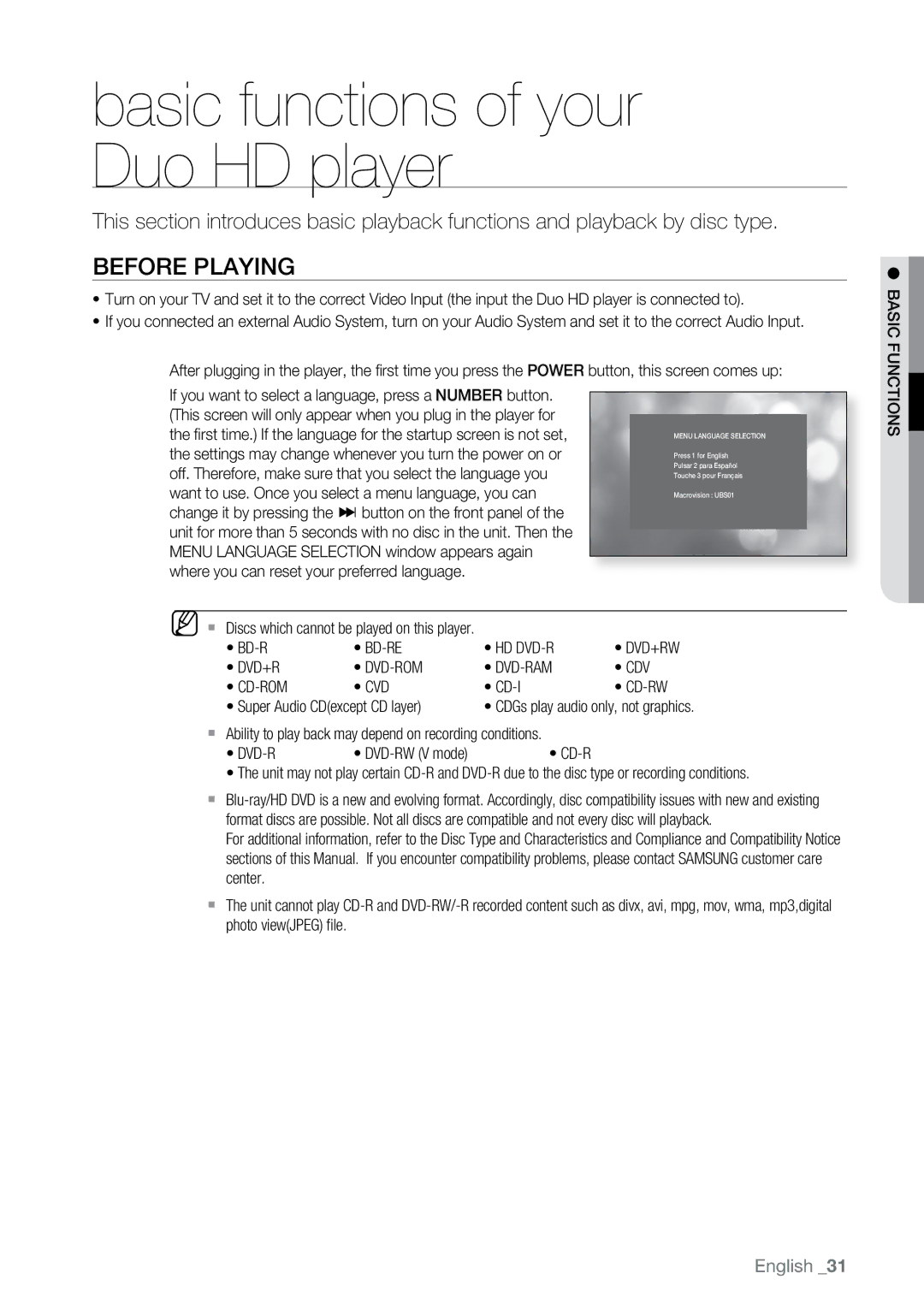 Samsung BD-UP5000 Basic functions of your Duo HD player, Before Playing, Hd Dvd-R Dvd+Rw Dvd-Rom Dvd-Ram Cdv Cd-Rom Cvd 