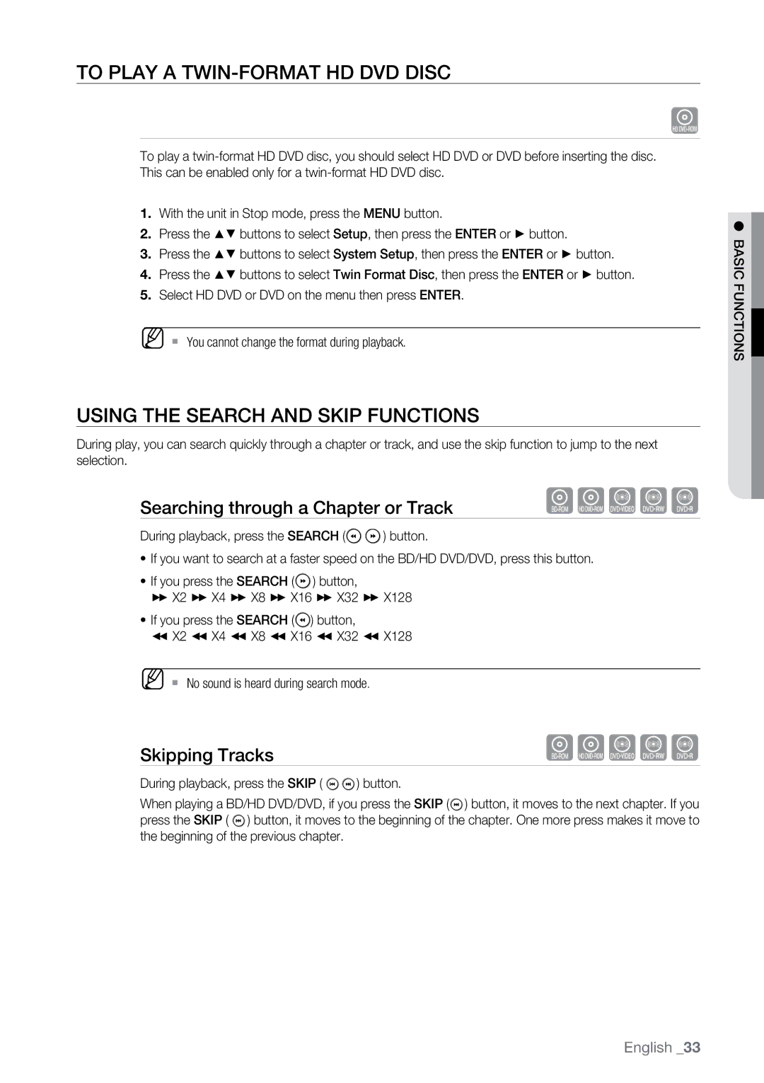 Samsung BD-UP5000 user manual To play a twin-format HD DVD disc, Using the Search and Skip Functions, Skipping Tracks 