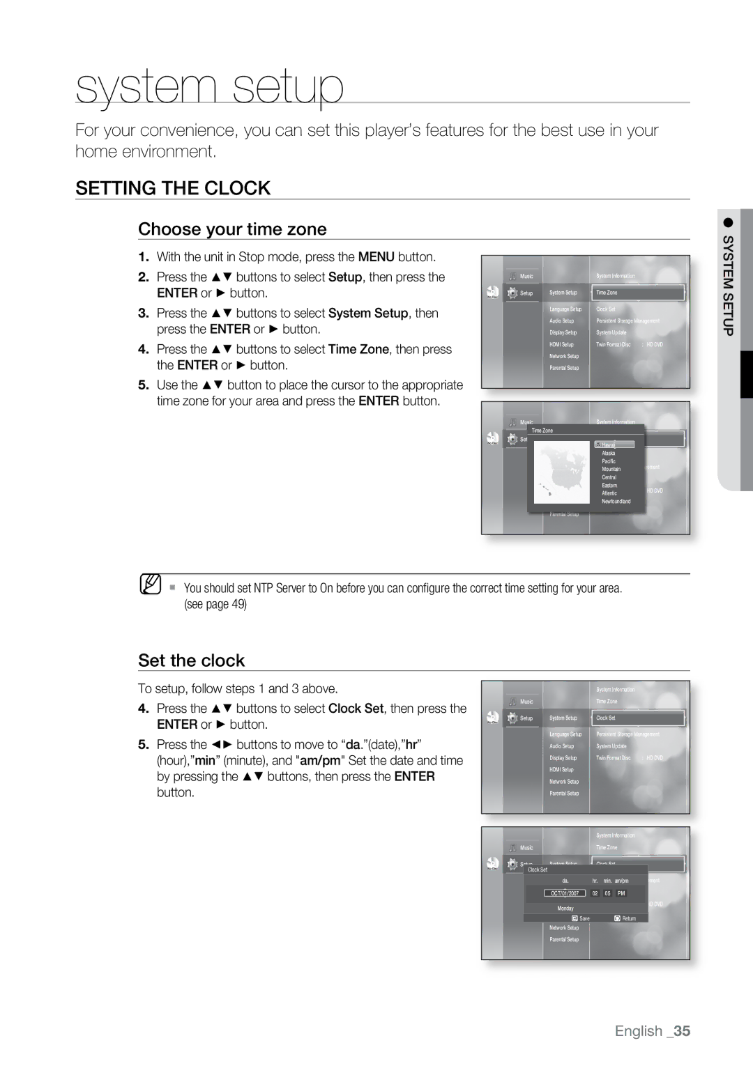 Samsung BD-UP5000 user manual System setup, Setting the Clock, Choose your time zone, Set the clock 