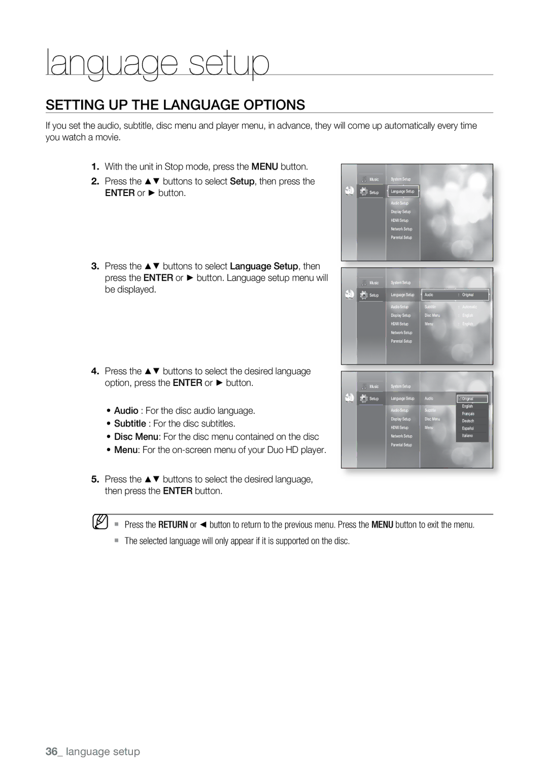 Samsung BD-UP5000 user manual Language setup, Setting up the Language Options, ~ Audio For the disc audio language 