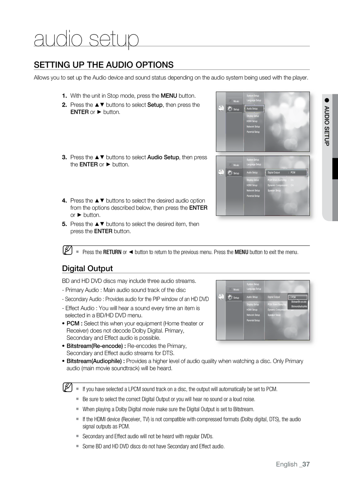 Samsung BD-UP5000 user manual Audio setup, Setting up the Audio Options, Digital Output 