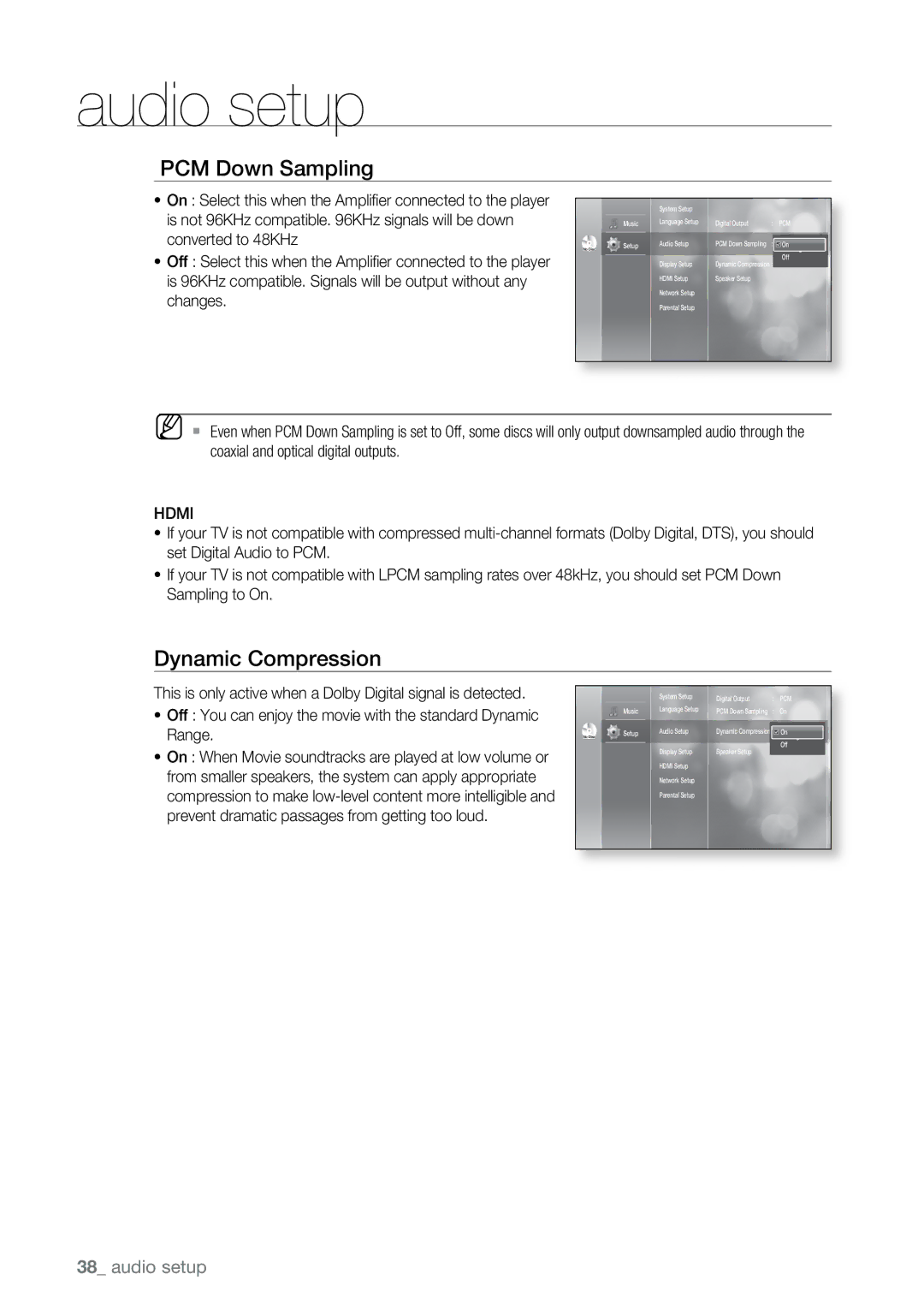 Samsung BD-UP5000 user manual PCM Down Sampling, Dynamic Compression, Hdmi 