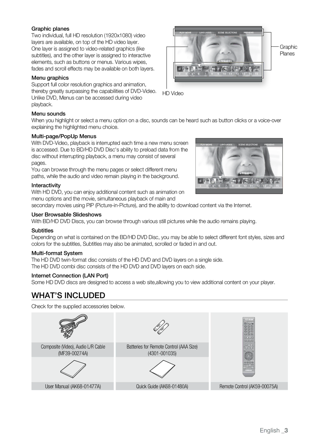 Samsung BD-UP5000 What’s included, Graphic planes, HD Video, Interactivity, Check for the supplied accessories below 