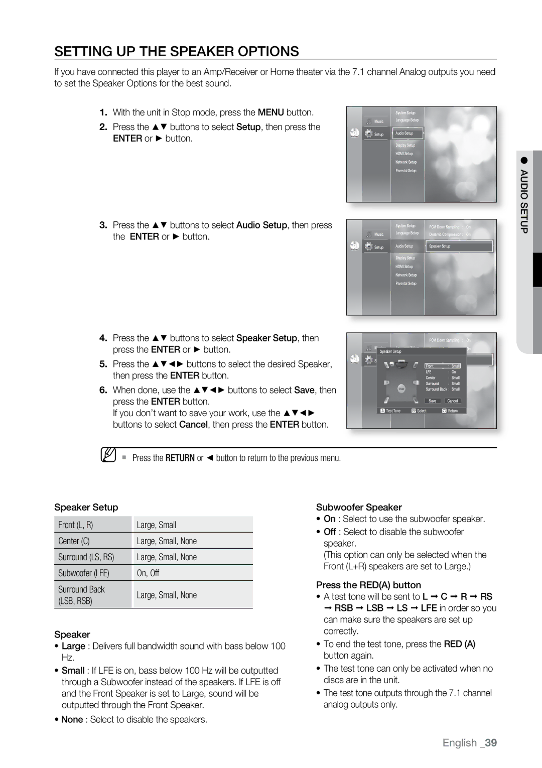 Samsung BD-UP5000 Setting up the Speaker Options, Subwoofer LFE On, Off Surround Back Large, Small, None, Lsb, Rsb 