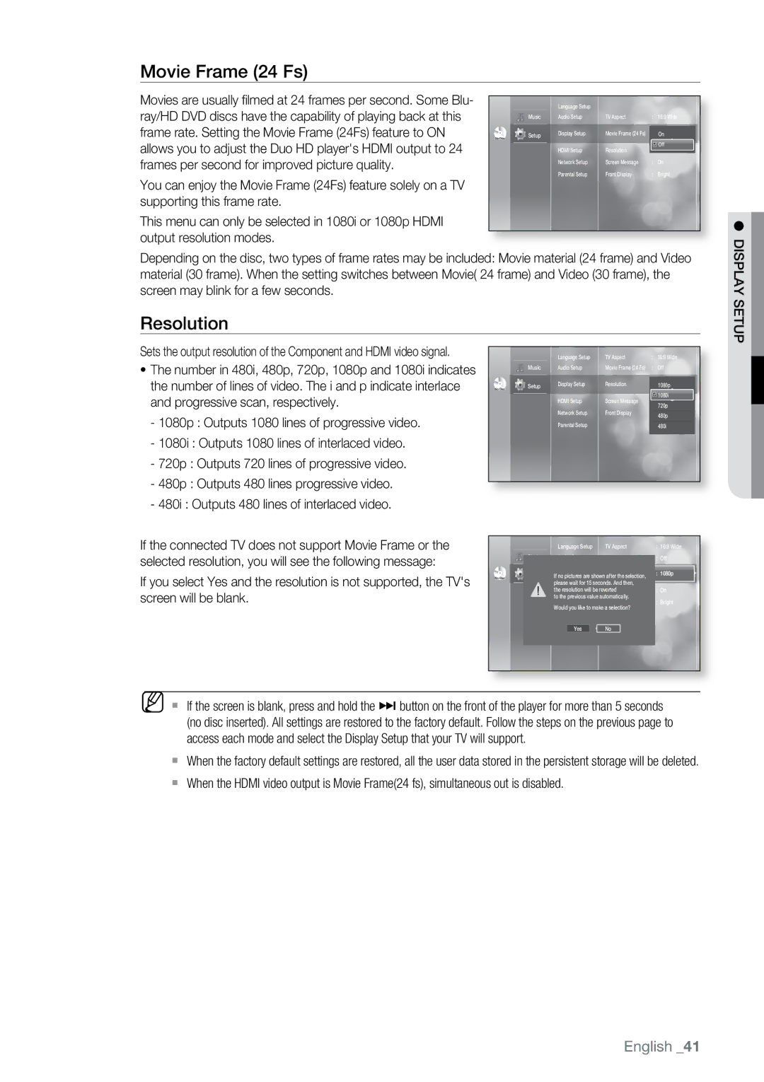 Samsung BD-UP5000 user manual Movie Frame 24 Fs, Resolution, Display 