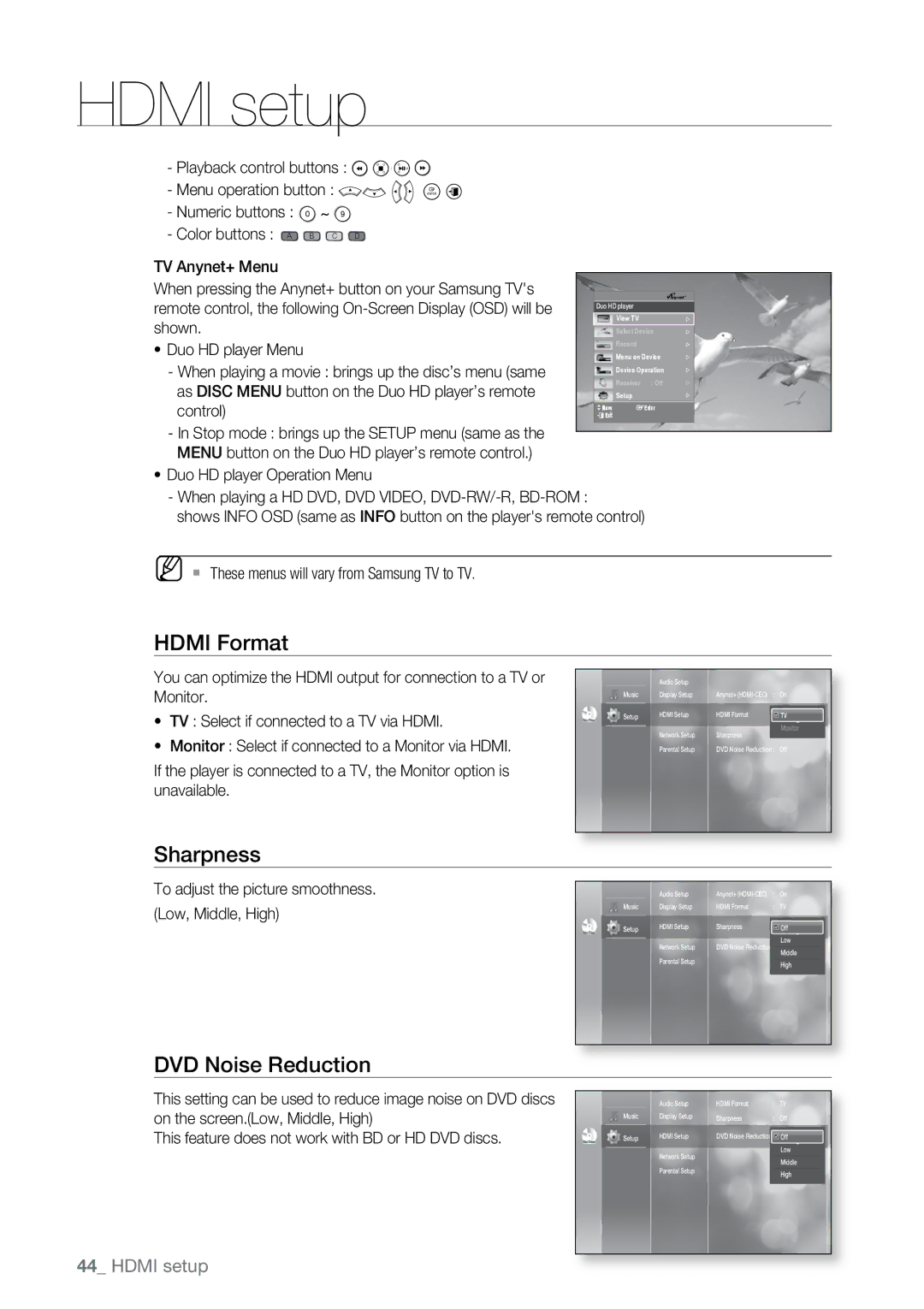 Samsung BD-UP5000 user manual Hdmi Format, Sharpness, DVD Noise Reduction, Playback control buttons Menu operation button 