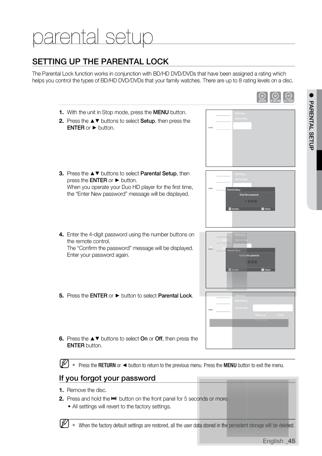 Samsung BD-UP5000 user manual Parental setup, Setting up the Parental Lock, If you forgot your password 