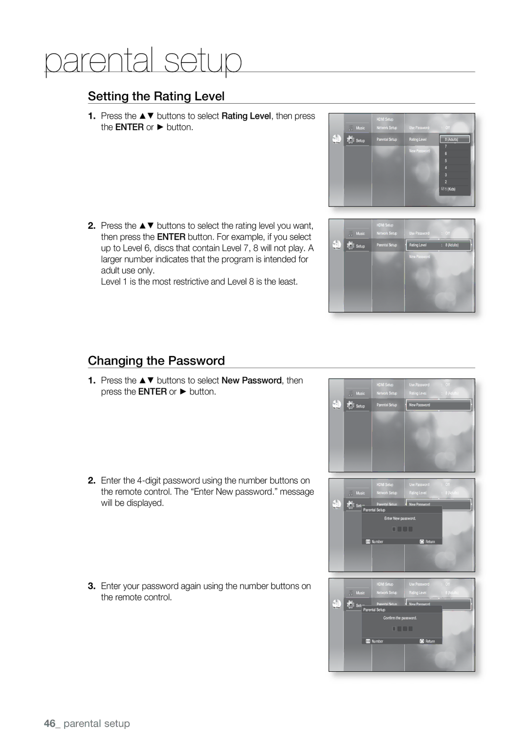 Samsung BD-UP5000 user manual Setting the Rating Level, Changing the Password 