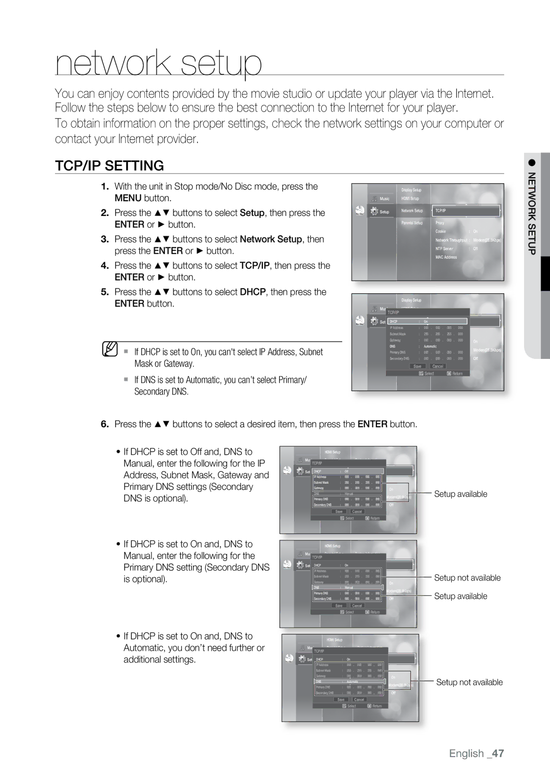 Samsung BD-UP5000 user manual Network setup, TCP/IP Setting 