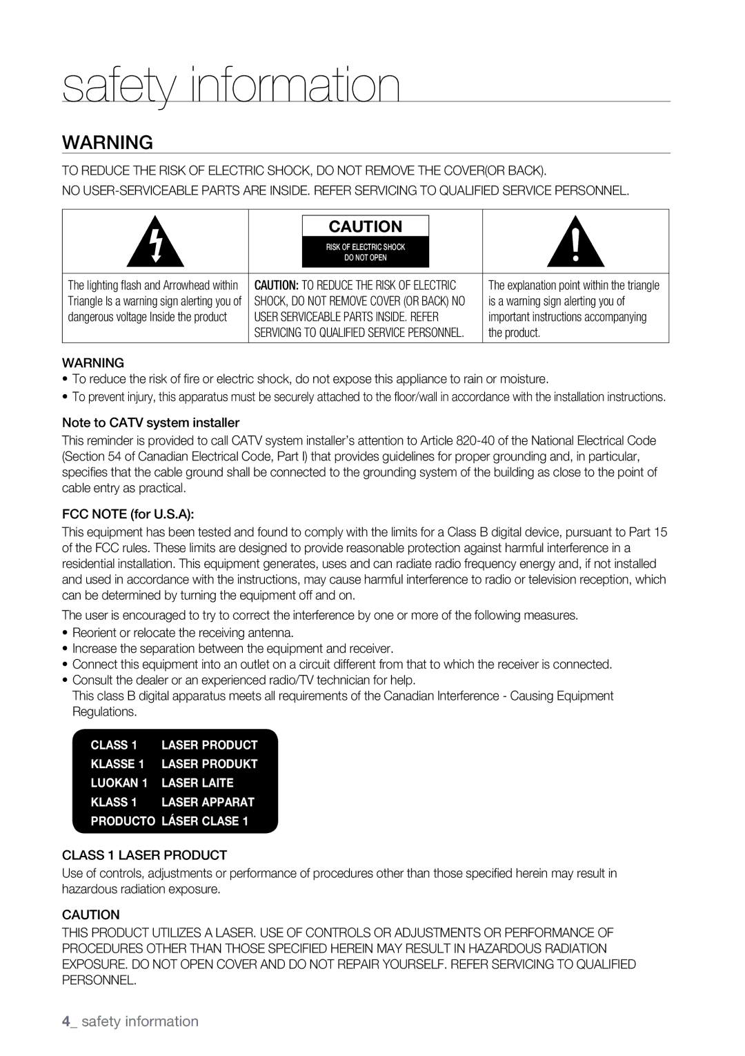 Samsung BD-UP5000 user manual Safety information, Class 1 Laser Product 