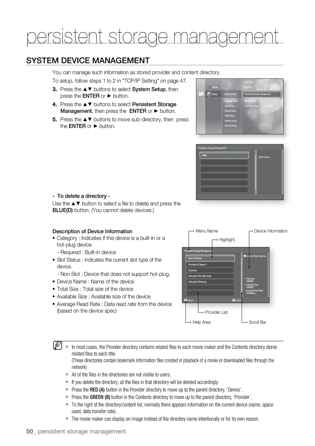 Samsung BD-UP5000 user manual System Device Management, To delete a directory 