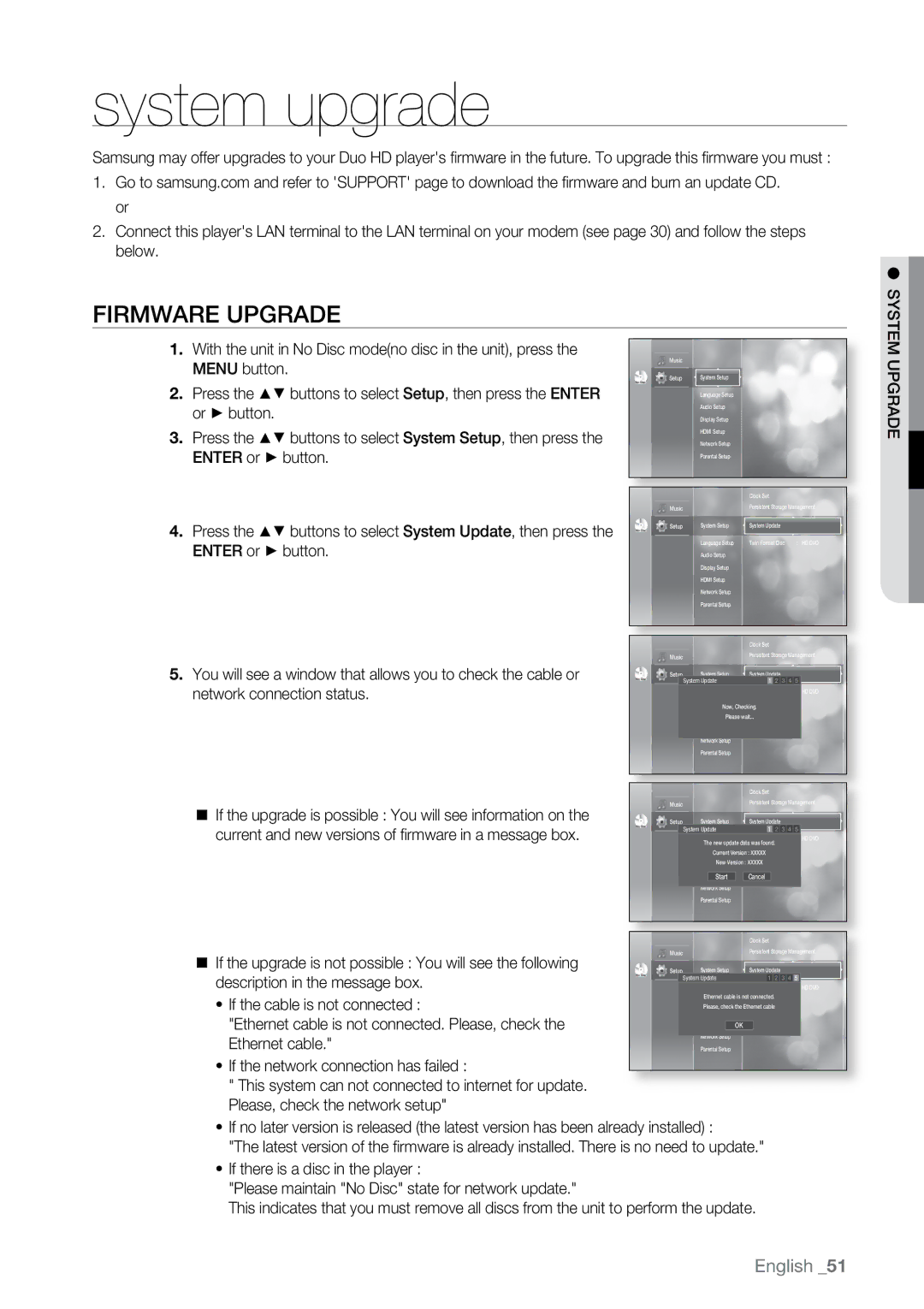 Samsung BD-UP5000 user manual System upgrade, Firmware Upgrade 