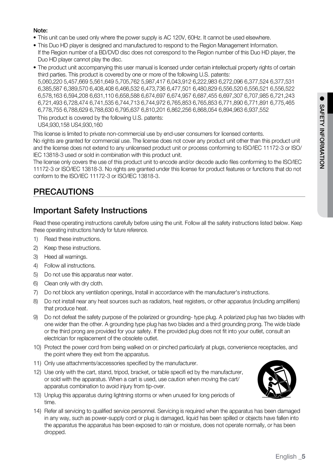 Samsung BD-UP5000 user manual Precautions Important Safety Instructions 