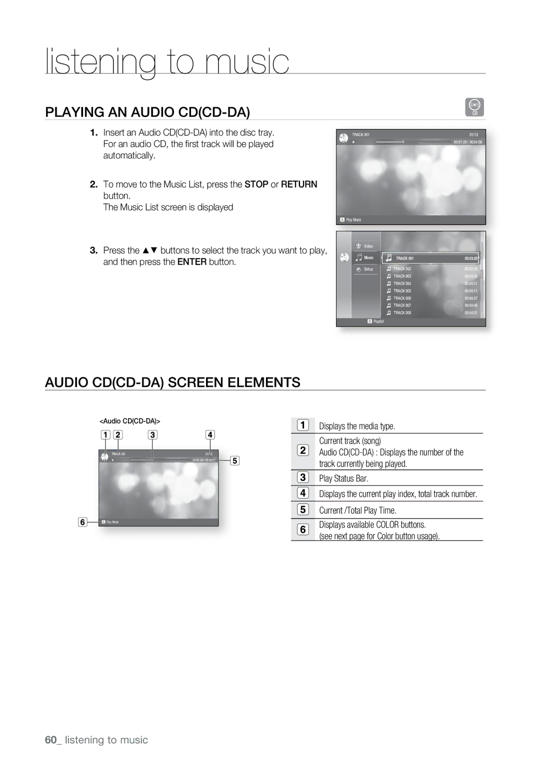 Samsung BD-UP5000 user manual Listening to music, Playing an Audio CDCD-DA, Audio CDCD-DA Screen Elements 