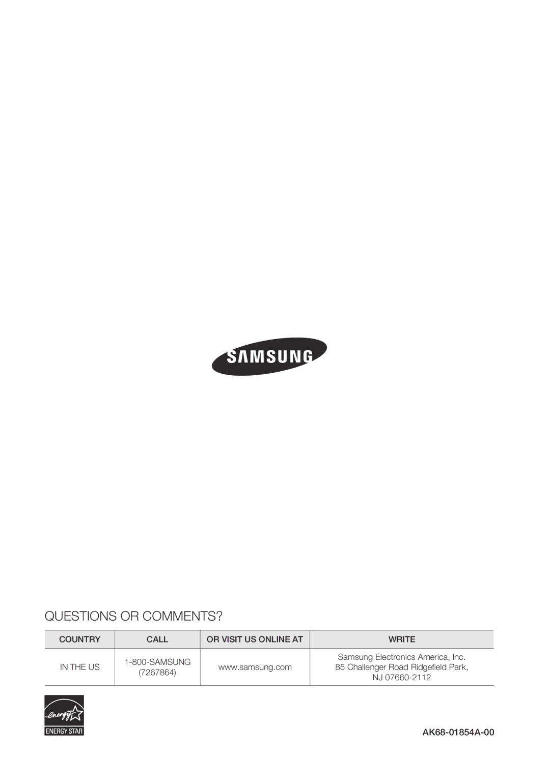 Samsung BD-C5500C/XAA, BDC5500/XAA, BDC5500/XAC user manual Questions or COMMENTS?, AK68-01854A-00 