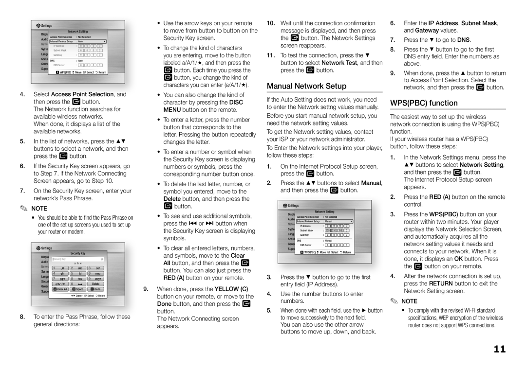 Samsung BD-E5400/ZA Manual Network Setup, Wpspbc function, To enter the Pass Phrase, follow these general directions 