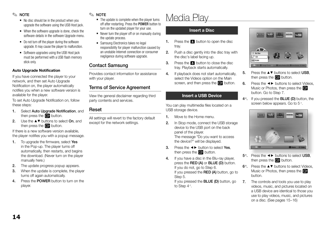 Samsung BDE5400, BD-E5400/ZA user manual Media Play, Contact Samsung, Terms of Service Agreement, Reset 