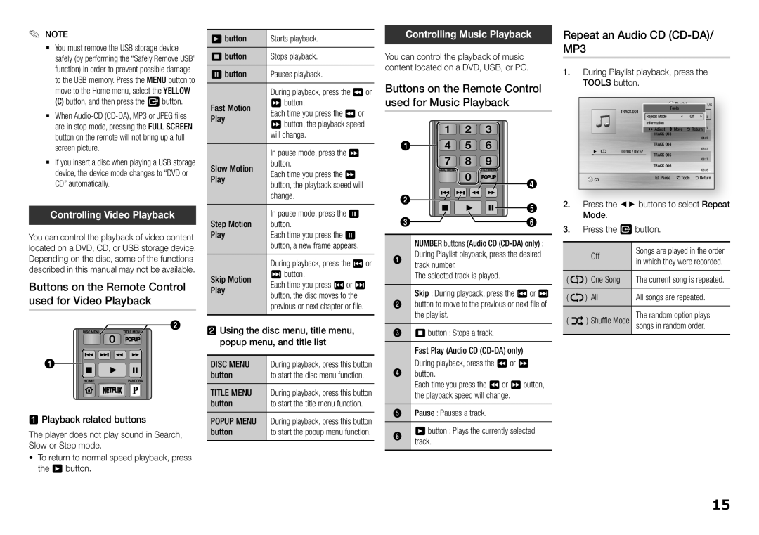 Samsung BD-E5400/ZA, BDE5400 Repeat an Audio CD CD-DA/ MP3, Controlling Music Playback, Controlling Video Playback 