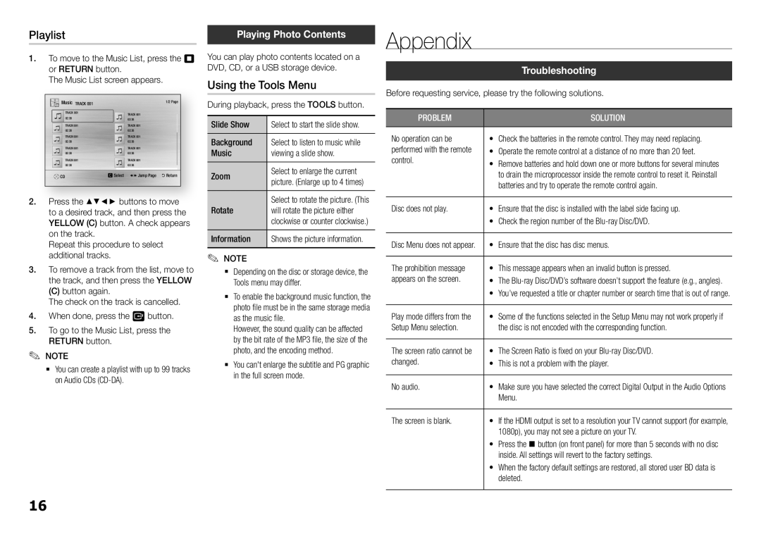 Samsung BDE5400, BD-E5400/ZA user manual Appendix, Playlist, Using the Tools Menu, Playing Photo Contents, Troubleshooting 