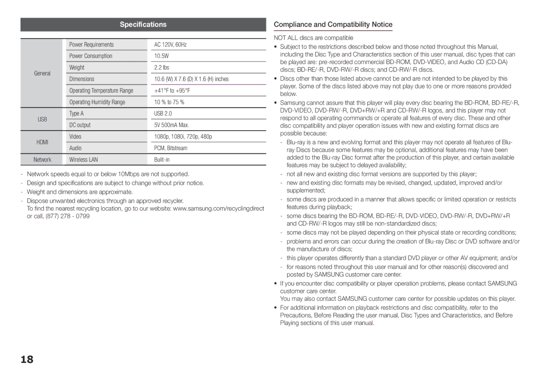 Samsung BDE5400, BD-E5400/ZA user manual Specifications, Compliance and Compatibility Notice 